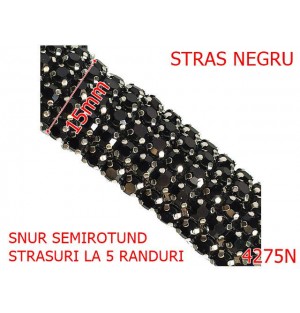 4275N/Snur semirotund cu 5 randuri de pietre-15-mm-textil si cristale--negru-----