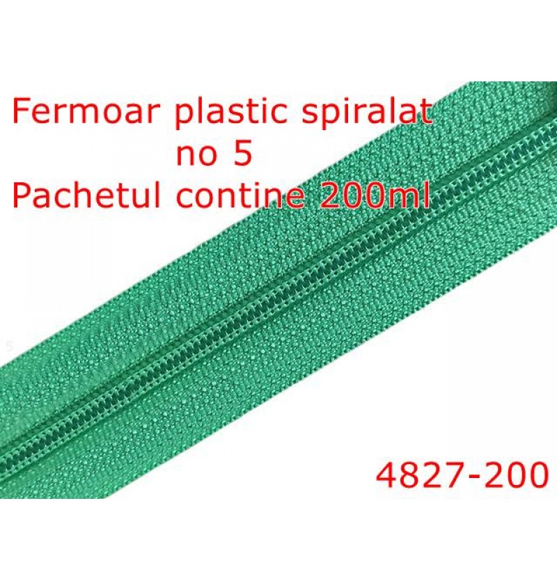 4827-200/Fermoar plastic spiralat -200 mt-pentru confectii maochinarie-no 5--poliester--verde -----