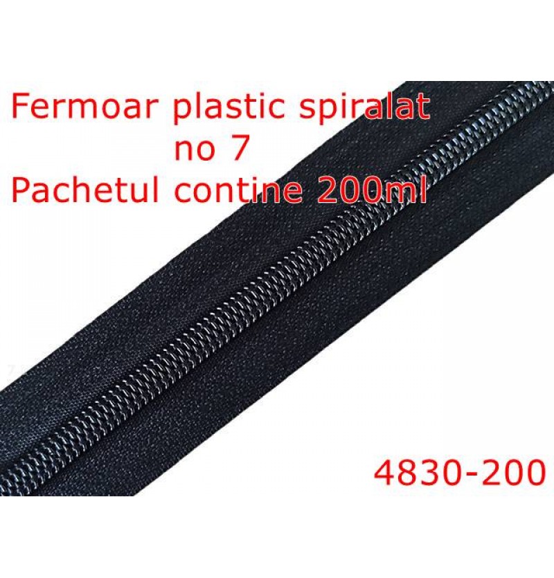 4830-200/Fermoar plastic spiralat -200 mt-pentru confectii maochinarie-no 7--poliester--negru-----